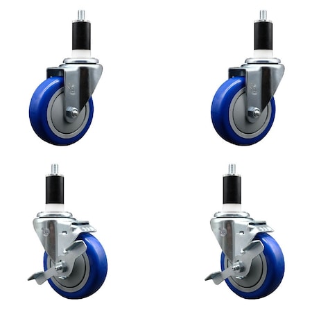 Service Caster 4'' Blue Poly Wheel Swivel 1-3/8'' Expanding Stem Caster Set 2 Brakes, 4PK SCC-EX20S414-PPUB-BLUE-2-TLB-2-138
